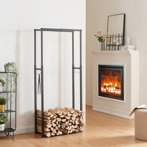 [en.casa] Kaminholzregal Kasan Verstellbarer Feuerholzständer Holzlager aus Stahl Brennholzregal Holzunterstand mit Haken für Werkzeuge Außen & Innen Schwarz H100-150xB60-100xT25cm