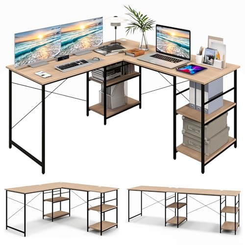 GIANTEX L-format hörnskrivbord, konvertibelt datorbord med 4 hyllor och 3 kabelhål, 2 personers skrivbord för hemmakontor (naturligt)