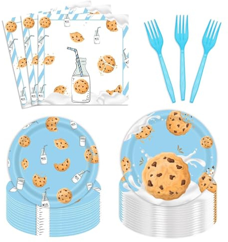 96Pcs Milk and Cookies Birthday Party Supplies Chocolate Chip Cookies and Milk Drinks Party Plates Napkins Forks Tableware Set Party Decorations, Milk and Cookies Birthday Party for Kid, Serves 24