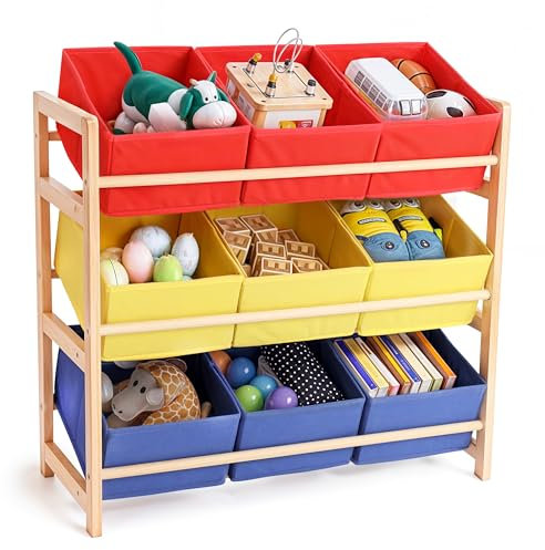 BELLE VOUS Porta Giochi per Bambini - con 3 Livelli di Contenitori - Scaffale Portagiochi per la Cameretta - Mobile da Bambino - Organizer Giocattoli in Legno Colorato