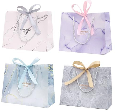 Geschenktüten, 4 Stück Geschenktasche, Papiertüten mit Schleifenbändern, Partytüten, GeburtstagGeschenktüte, Geschenktaschen mit Henkel, für Geburtstag Hochzeit Feier Party,25× 20× 12cm
