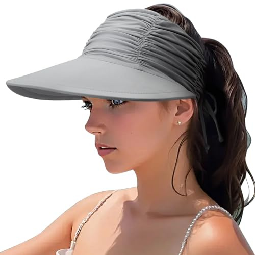 DRESHOW Les Femmes Visière Soleil Chapeau Large Bord Chapeau Réglable Pliable Queue de Cheval Plage Chapeau Été UV Protection Extérieur Bonnet UPF 50+