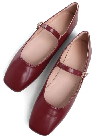 Stunner Women's Mary Jane Flats Fashion Square Toe Soft Ballet Flats Comfort Leather Office Driving Flats Dark red 39(7.5) 2