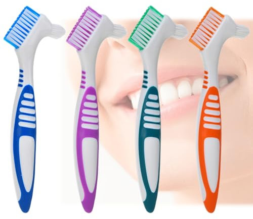 4 Pezzi Portatile Spazzola di Pulizia Protesi, Spazzolino per Dentiera a Doppia Testa per Pulizia Denti, Spazzole Protesi Dentale, Spazzola per Denti Finti con 2 Raschietto per Lingua
