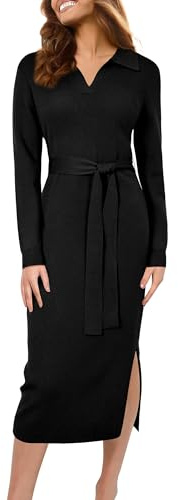 Arach&Cloz 2025 Women Dressy Polo Work Sweater Dress Long Sleeve V Neck Bow Tie Waist Side Slit Knit Pullover Midi Dresses Fall Fashion Soft Trendy Clothes Old Money Business Teacher Outfits Black M