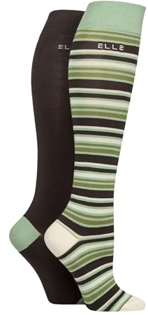 Elle Womens Knee High Socks - Colourful Soft, Cooling and Breathable Bamboo Striped and Plain Knee High Socks in a Multipack of 2 Size 4-8 (UK, Numeric, 4, 8, Regular, Regular, Forager)