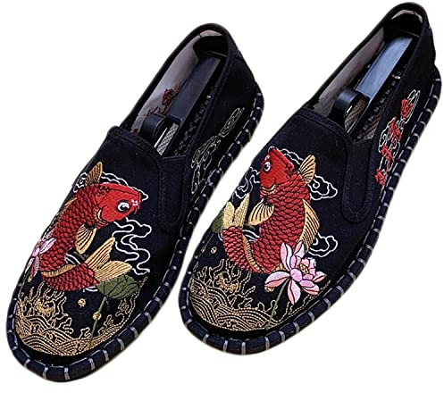 Tinymori Embroidered Tai Chi Kung Fu Shoes, Unisex Canvas Martial Arts Flats, Traditional Chinese Slip-On Sneakers with Non-Slip Sole for Men and Women 12 Styles (Red Koi,9)