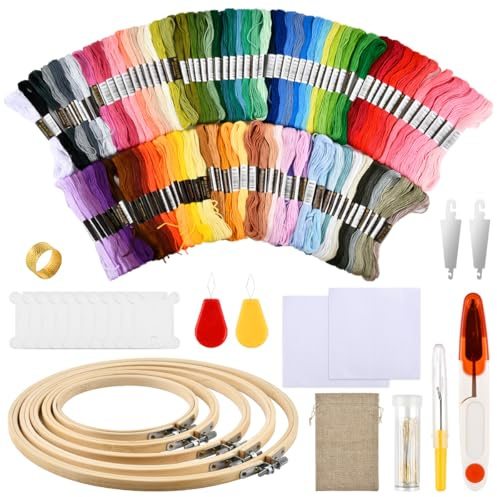 DODUOS 126 PCS Kit Point de Croix, 100 Couleurs Fil à Broder Embroidery Floss, 5 Cercles de Broderie en Bambou, 2 Pièces de Tissu à Broder, Fils à Broderie Kit pour Adultes et Enfants