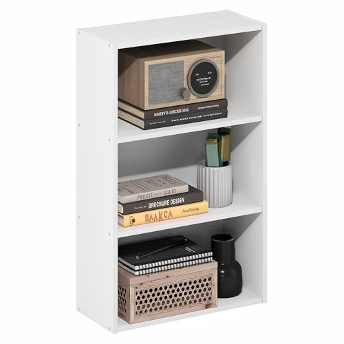 Furinno Basic Book Shelf, 3-Tier Bookshelf, Cube Storage Organizer Bookcase with Open Shelf, 7 x 17 x 26, for Living Room, Bedroom, Home Office, White