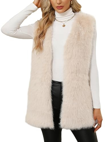 Adigau Gilet da Donna in Pelliccia Sintetica Elegante Smanicato Donna Gilet Casual Termico Giacca Senza Maniche con Tasche Primavera Autunno Inverno Beige XXL