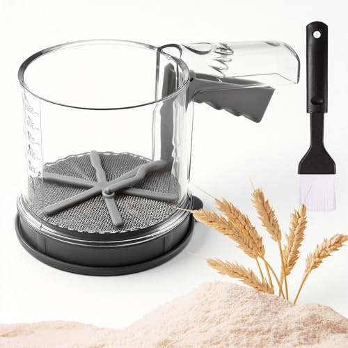 Dog's Booty Mehlsieb Puderzuckerstreuer Staubzuckerstreuer Set mit Oberflächenpinsel Transparenter Behälter mit Maßstab Doppelschichtsieb Geeignet für Mehl Mandelpulver Puderzucker usw