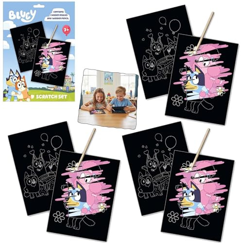 9Pcs Bluey Scratch Art Craft Set for Kids, Scratch Picture Art Kits with Wooden Stylus, 22.5x29.5cm Non-Toxic Scratch Paper Craft Toys, Creative Drawing Activity for Boys & Girls Age 3+