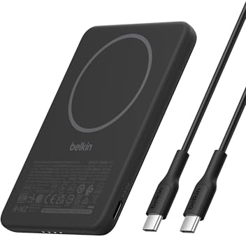 Belkin BoostCharge Batería Externa Carga Rápida 5000mAh, Power Bank Magnética y Delgada, Puerto USB Tipo C y Cable USB C, Cargador Portátil para iPhone, Galaxy, Pixelnap, iPad, Tableta, Negro
