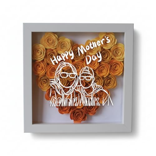 Custom Line Art Flower Shadow Box - Personalized Picture to Sketch Frame with Hand-Rolled Paper Flowers, Mother's Day Birthday Gift for Family, Mom, Grandma, Wife & Girlfriend