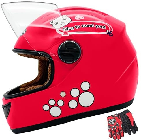 Kids Full Face Motorcycle Helmet, with Cute Panda Cartoon Design and Paw Print Graphics (Red)