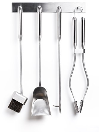 Primera clase chimenea Herramientas Set (4 piezas) & montado en la pared Hanger, acero inoxidable