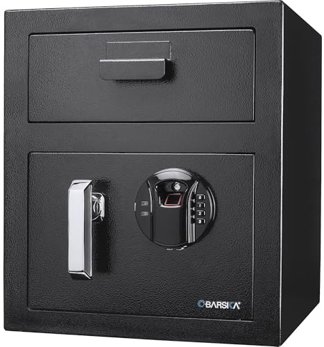 BARSKA Biometric Depository Safe with Keypad – Front Load Drop Box, Fingerprint & PIN Access, Solid Steel, Anti-Fishing – for Cash, Mail & Business Security - Cash Drop Safe, Drop Box Safe Hotel