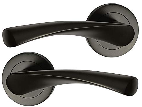 HANDLESTORE Twist Lever on Rose Door Handle Set – Matt Black Finish, Pair with Fixings & Spindle