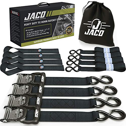 JACO Heavy Duty Ratchet Straps - 1.6 inch x 8 ft (Pack of 4) | Tie Down Kit with Soft Loops - 5,208 lbs (Black)