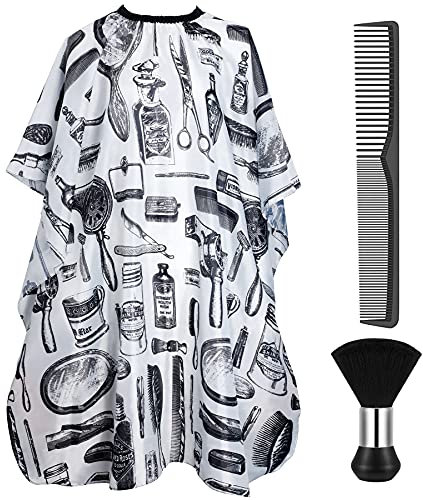 Cape de barbier professionnelle avec brosse pour le cou, cape de coupe de cheveux et peigne de coiffure, accessoires de salon pour homme et femme (blanc avec motif)