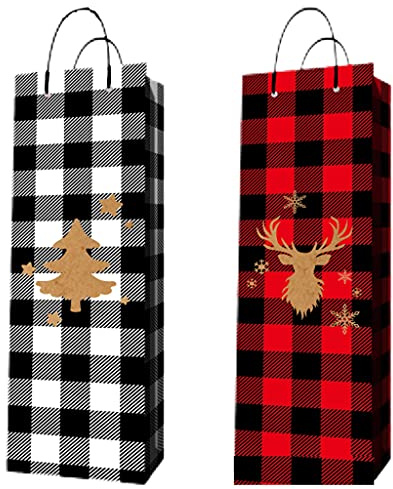 eBoutik - Set of 6 Christmas Wine Bottle Gift Bags - Traditional Festive Colours for Presents to Friends & Family - Strong, Premium Bags with Carry Handles - 3 Xmas Design with Plaid Stripes