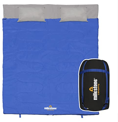 Milestone Camping 26759 - Saco de Dormir Doble sobre con Almohadas, 250 g/m², 2 Estaciones, Saco de compresión, Resistente al Agua, Camping, mochilero o Senderismo