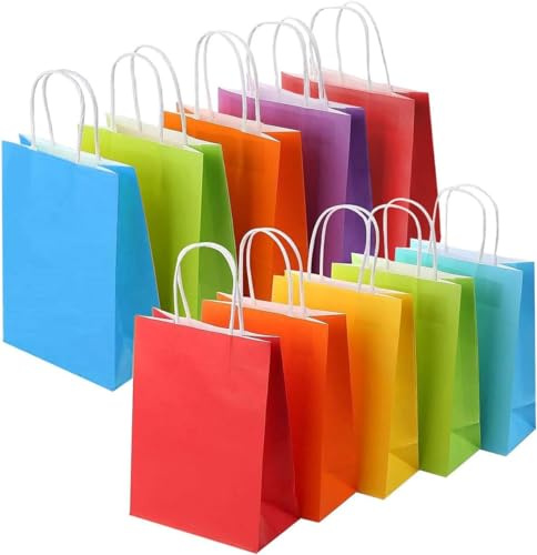 10Pcs Gift Bags Paper Party Bag 5 Colors Multipack, Kraft Paper Bags with Handles Colourful Gifts Bags for Birthday,Wedding,Parties 21x8x15cm
