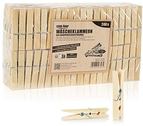 com-four® 240x Wäscheklammern aus Bambus - nachhaltige Holzklammern - Klammern zum Wäscheaufhängen, Basteln und Dekorieren - Bambusklemmen (Bambus - 240 Stück)