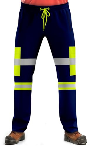 NOROZE Pantalones de Trabajo de Alta Visibilidad para Hombre, con Cinta Fluorescente Reflectante de Alta Visibilidad (L, Estilo 2: Verde Neón/Azul Marino)