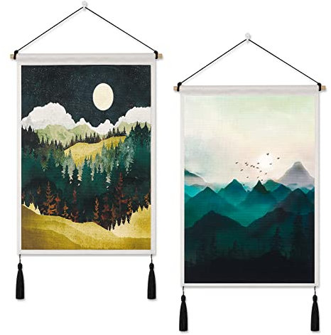 Weldomcor Wandteppich Wald 2er Wandbehang Tapisserie Wandteppich Aesthetic Sonne Mond Boho Wandteppich Berge Set Wandtuch Wald Psychedelische Tapisserie für Schlafzimmer Heimdekoration (Wald)
