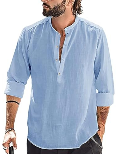 YAOBAOLE Camicia di Lino Uomo Manica Lunga Estate Mao Casual Henley Camicie da Spiaggia Classiche, blu, L