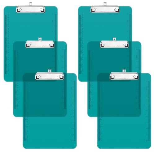 Piasoenc Lot de 6 planchettes à pinces en plastique translucide avec profil bas, porte-bloc violet avec règle, porte-bloc de bureau, fournitures scolaires, format lettre 31,8 x 22,9 cm, Bleu sarcelle