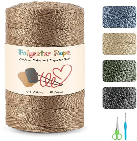 Makramee Garn Set, 2mm x 250m Makramee Polyester Schnur 100% Polypropylen-Kordel mit Schere und 4mm Häkeln Polypropylene Yarn für Handwerk Wohndekorationen Umhängetasche Handtasche (Latte)