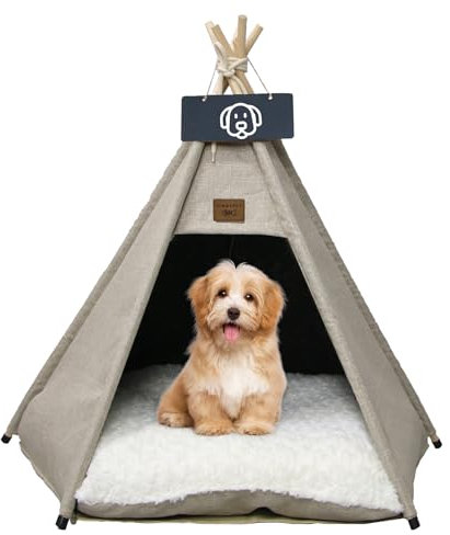 Vinnypet Tipi Zelt fur Katzen und Hunde Haustierzelte Häuser mit Plüschkissen Luxery Hundezelt Katzenzelt Abnehmbar und Waschbar Katzenhaus Haustierhäuser 50x50x60cm