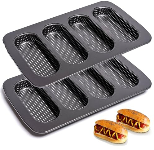 Yomvzake Hot Dot Bun Pan Set of 2, Perforated Carbon Steel Non-Stick Hotdog Bun Mold Bread Forms Crispy Mini Baguette Sandwich Baking Tray for Hot Dog Bun Rolls