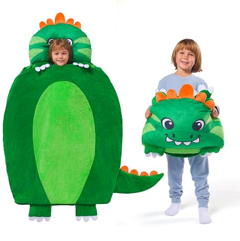 Joiedomi Sacco a pelo per bambini 152 x 99 cm con cuscino e coperta Sacco a pelo pieghevole 2 in 1 per ragazzi e ragazze (Dino)
