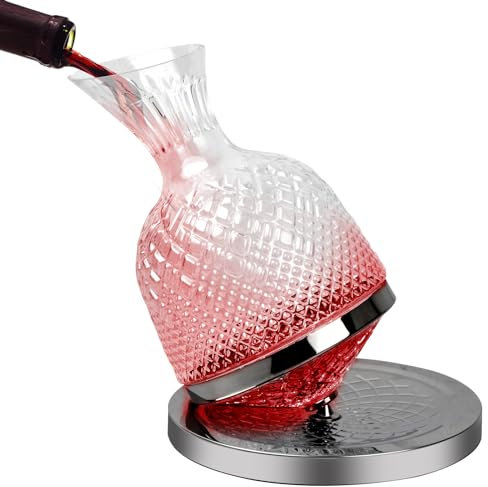 Granvoo Decantador de Vino 1.5L - Gira 360° Con Soporte de Acero Inoxidable, Cristal Sin Plomo - Aerador Con Base - Regalos Para Hombres y Mujeres