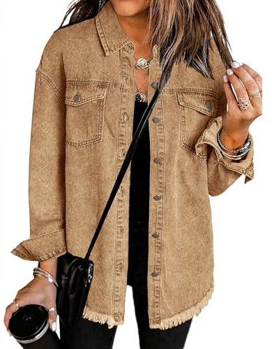 Vetinee Oversize Jeansjacke Damen Jacke Frühjahr Damen Braun Größe Large Passt EU Größe 42 bis EU Größe 44