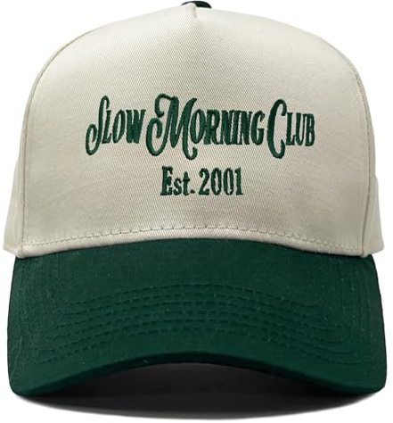 Funky Junque Vintage Slow Morning Club Green Hat Women Men Embroidered Adjustable Vintage Hats for Women - Slow Morning Club - Forest/Beige