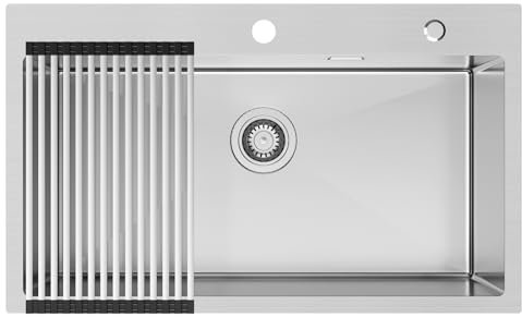 Auralum Evier Cuisine 75 × 45 cm, Evier Cuisine 1 Bac avec Égouttoir et Siphon, Evier Inox avec 2 Trous de Montage, Lavabo Cuisine à Encastrer ou à Poser