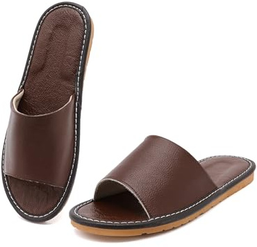 Kiemorgy Sandals Women Men, Genuine Leather Slippers, Brown House Slippers for Women Indoor Outdoor Size 10, Unisex Soft Flat Sandals PT02-brown4142