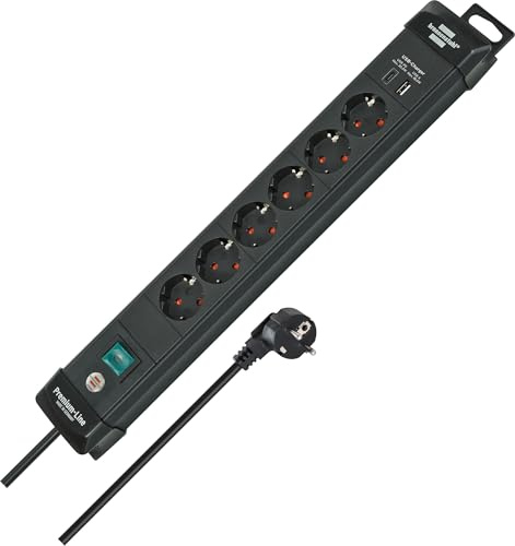 Brennenstuhl Premium-Line Steckdosenleiste 6-fach mit USB C PD 30W und USB A 18W (Made in Germany, Mehrfachsteckdose mit Schalter und 3m Kabel, Steckerleiste zur Wandmontage) schwarz