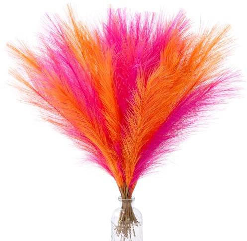 Alecono Pampas Grass 17in 𝟯𝟬𝙋𝙘𝙨, Orange and Hot Pink Artificial Faux Fluffy Pampas Grass Decor for Home Wedding Centerpieces Party