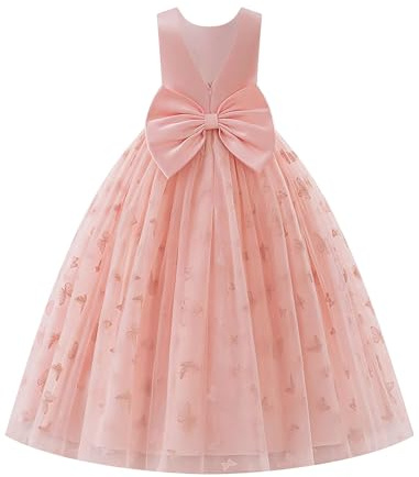 EFOGEP Flower Girls Dress for Wedding Elegant V-Back Bowknot Stain Tulle Princess Maxi Dresses Kids Bridesmaid Birthday Pageant First Communion Party Ball Gowns