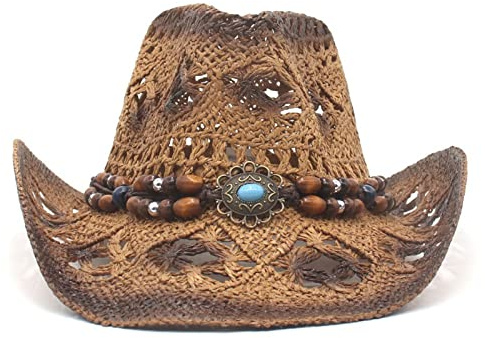 LYSINK Adult Men Women Summer Casual Beach Hat, Bead Decor Top Hollow Out Straw Cowgirl Cowboy Hat for Vacation (02Dark Coffee, ONE Size)