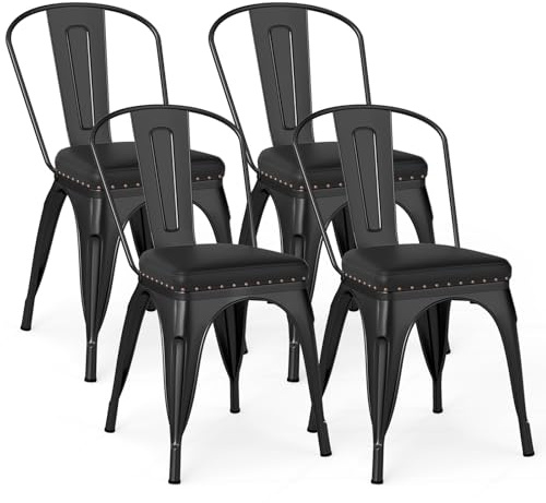 RELAX4LIFE Lot de 4 Chaise Salle a Manger Empilable, Chaise Industrielle Metal Style Tolix, Dossier Amovible, Assise Rembourrée, Chaises Cuisine sans Accoudoirs pour Salon, Café, Restaurant