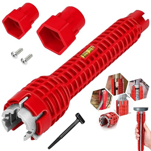 AEMCHDM Llave para Grifos, Llave de Fregadero Antideslizante con Adaptadores, Herramienta Fontanería Multifunción para Fregadero con Carcasa de Plástico ABS Rojo, Para Inodoro, Baño