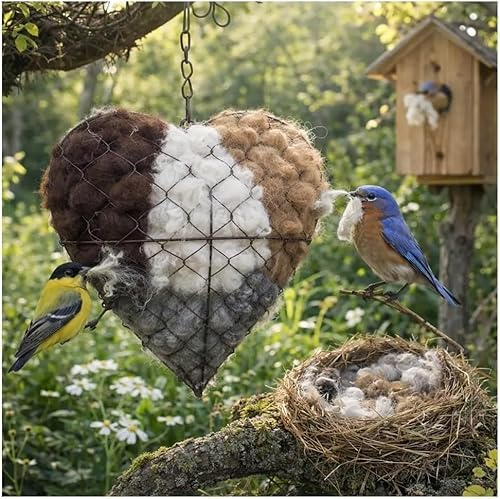 Handmade Alpaca Fiber Bird Nesting Heart, Refillable Birds Haven 1 Heart Shape Hummingbird Nesting and 2 Bags of Nest Materials, Winter Fowl Gifts Animal Hummingbirds Lovers Home Garden Yard