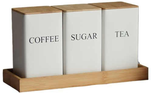 Otbushit Juego de Botes de azúcar para café, té, 3 uds. con Bandeja, tarros de Hierro, Tapa de bambú, decoración Multiusos para encimera de Cocina, Tetera Blanca