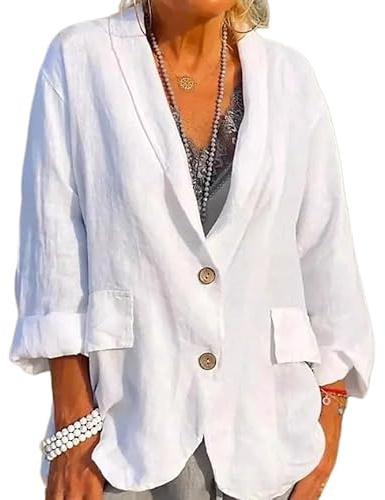 Blazer Mujer - Blazer De Algodón Y Lino para Mujer Tallas Grandes Primavera Verano Manga Larga Solapa Chaquetas De Traje Ligeras Blazers De 2 Botones Chaquetas De Camisa Casuales De Negocios para M